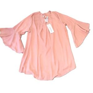 Elegant Chiffon‎ Bell Sleeve Boho Chic Blouse Tie Back Keyhole Top Pink Peach